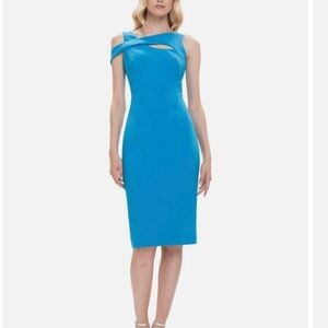THEIA Womens Zip Back Asymmetrical Neck A-Line Cocktail Dress Blue Size 10